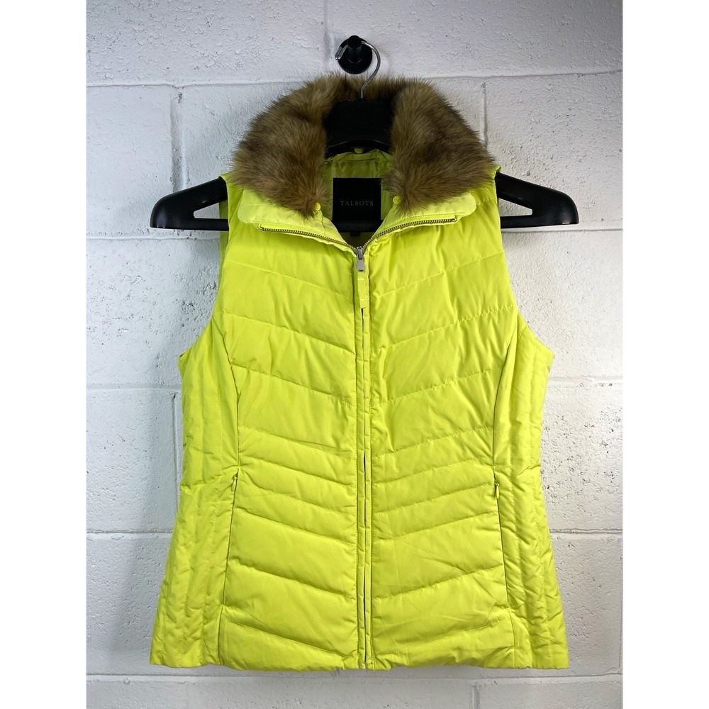 Talbots Down Puffer Vest Women S Lime Yellow Faux Fur Collar Quilted Full Zip